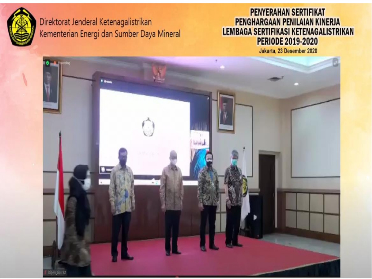 PT. Konsuil Perdana Indonesia menerima Sertifikat Kinerja terbaik 2019-2020 dari Dirjen Ketenagalistrikan ESDM tanggal 23 Desember 2020